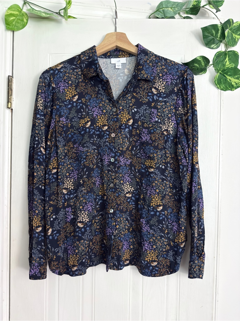 J Jill Floral Button-Front Blouse Gold Purple Accents S